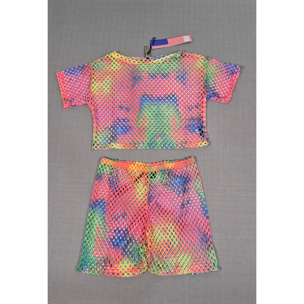 American Leisure Rainbow Tie Dye Mesh 2 Piece Set Crop Top Shorts XL New